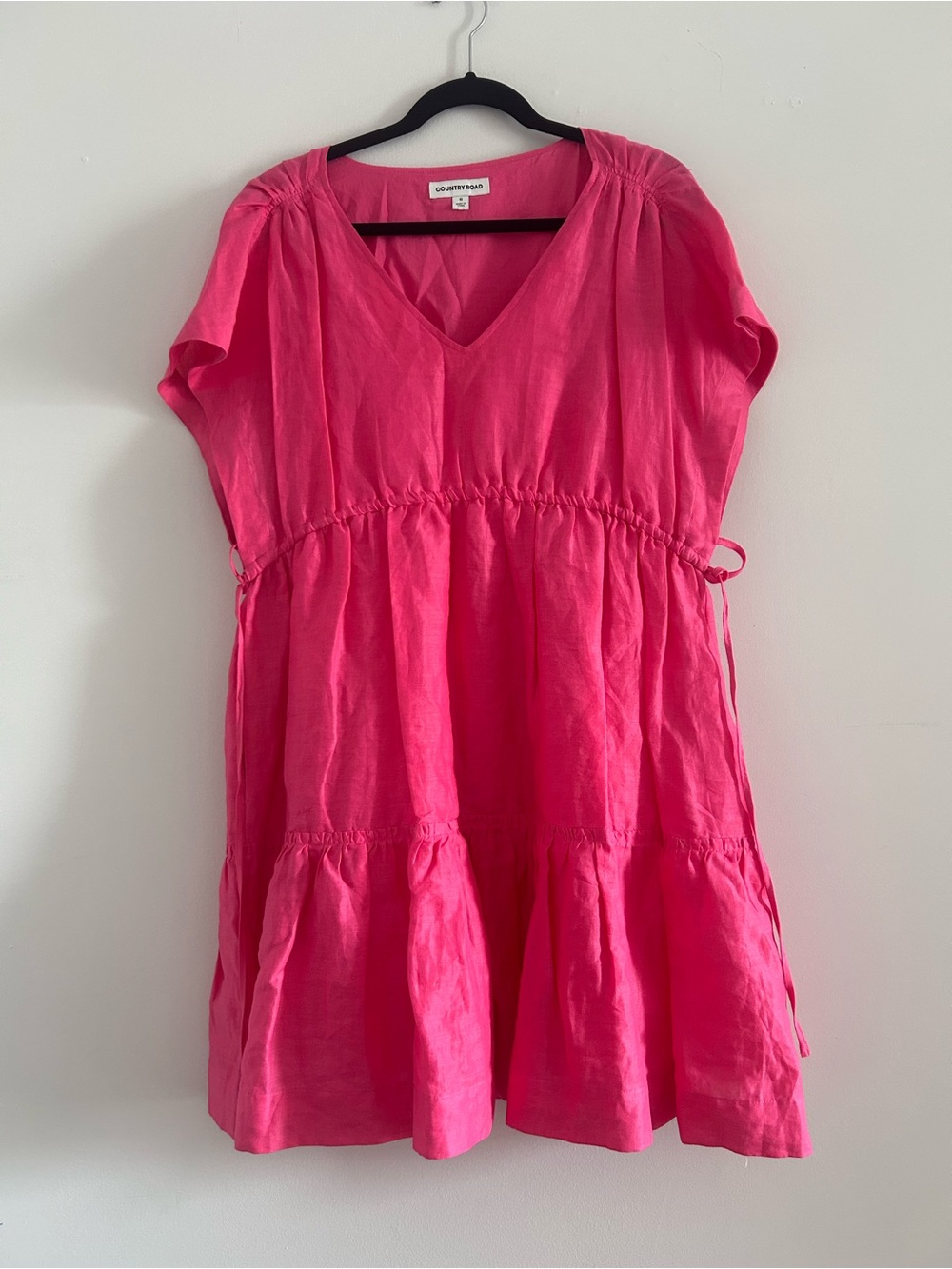 Linen Country Road Hot Pink V-Neck Tiered Drawstring Tunic